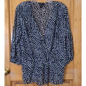 Ann Taylor Shirt Womens 10 Black White Polka Dot Chiffon Faux Wrap Sheer Classic